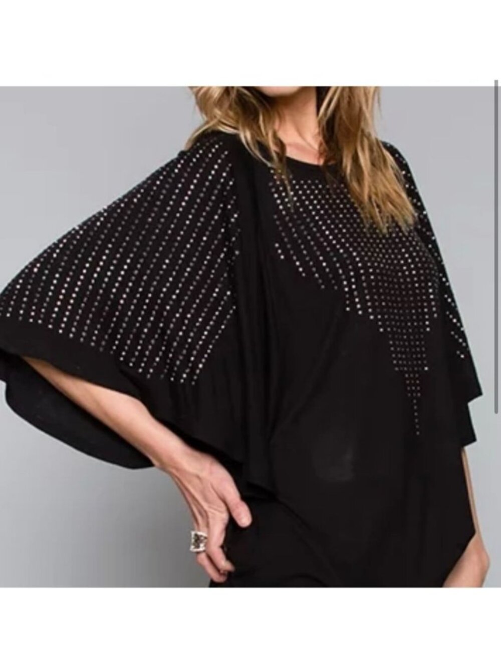 Black Batwing Rhinestone Top By Vocal U.S.A. Flowy Fit Womens Size L
